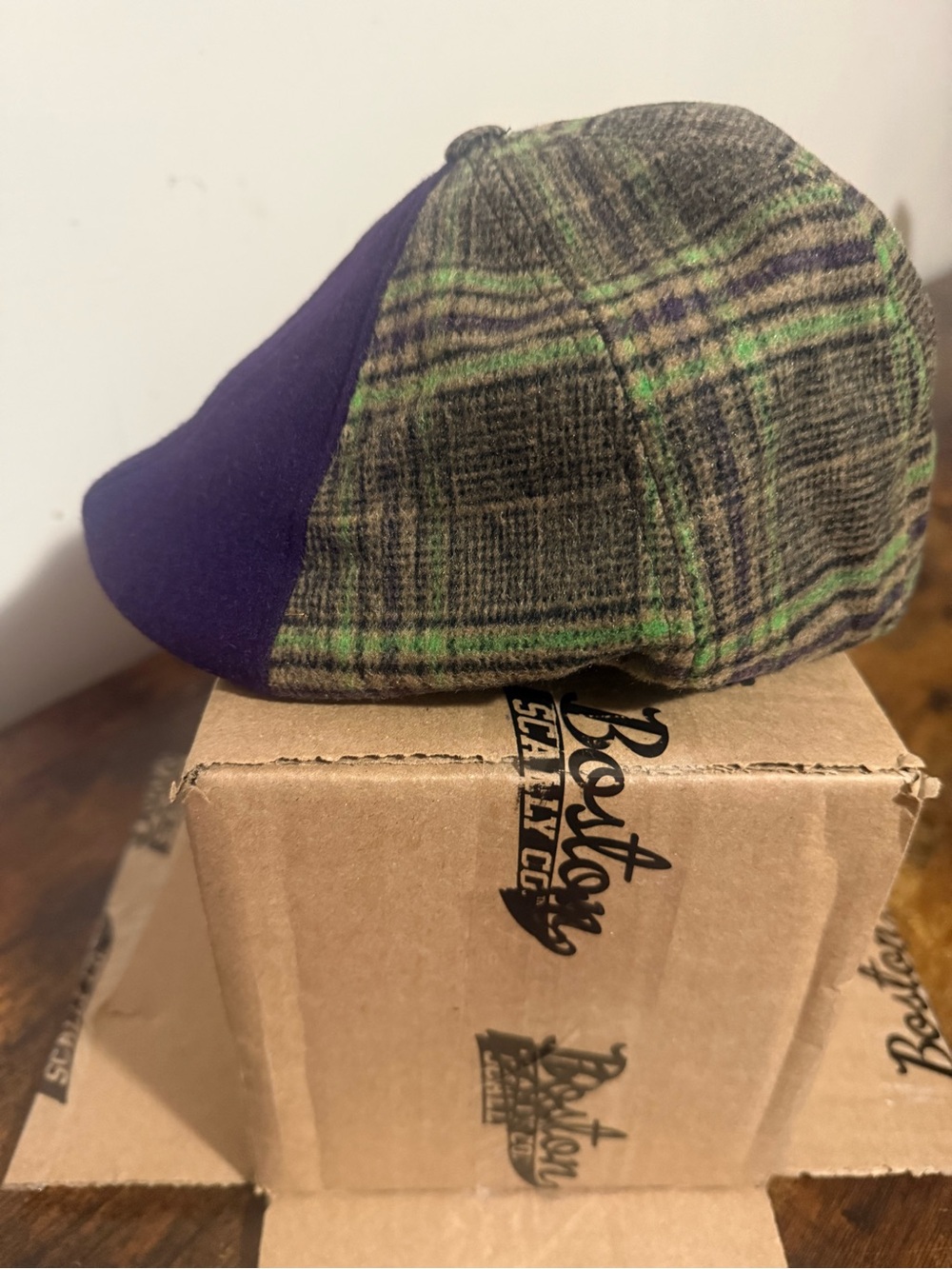 Men's Two-Tone Wool Newsboy Cap — Green Plaid & Purple